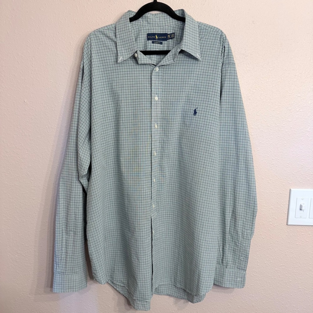 Ralph Lauren Mens 2XLT Classic Fit Button Down Shirt Green Navy Micro Check Tall
